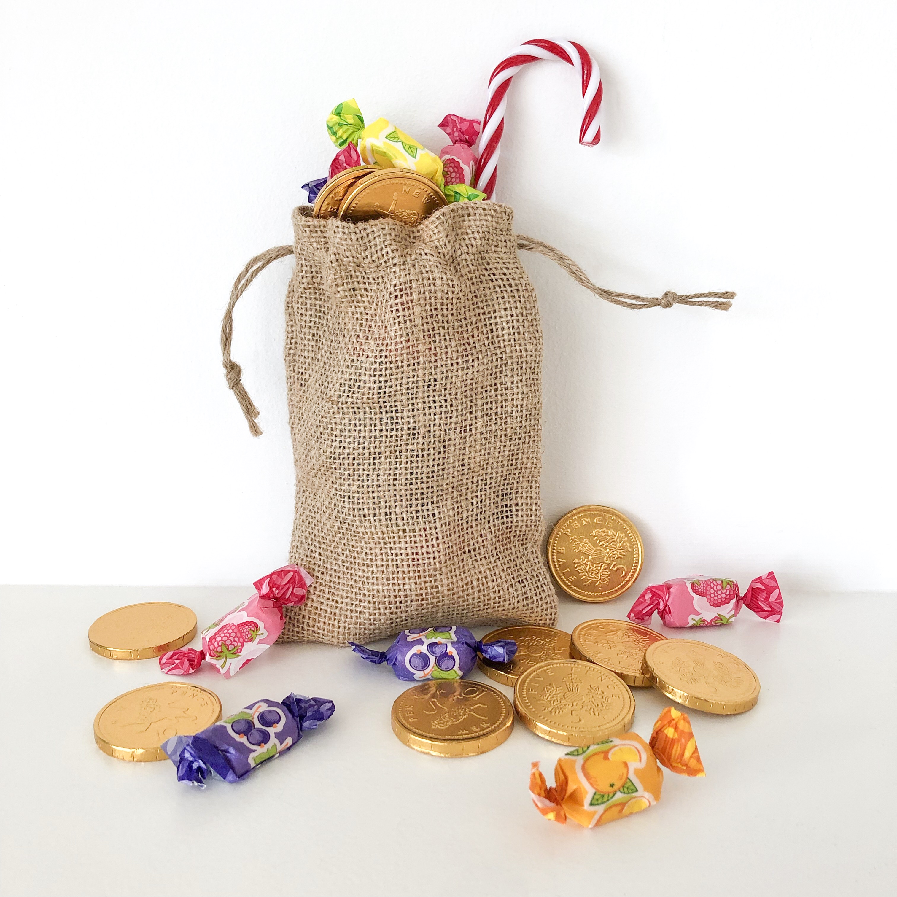 Hessian bag of sweets & candy cane