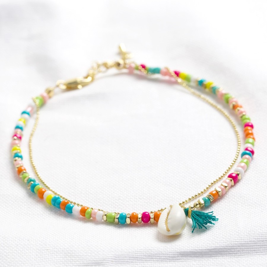 rainbow multi layer anklet with shell and tassel